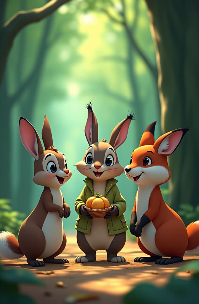  following the animation style of disney stories, in the same forest but now with more characters. uncle rabbit, full of energy, meets mrs. squirrel, an animated and cheerful squirrel, and mr. fox, an elegant and friendly fox. uncle rabbit explains his plan for the feast. the three animals smile and nod enthusiastically, ready to start their gathering adventure., anime concept art by hayao miyazaki, featured on pixiv, fantasy art, concept art, official art, high detailed hyperrealistic, full body, detailed clothing, highly detailed, cinematic lighting, stunningly beautiful, intricate, sharp focus, f/1. 8, 85mm, (centered image composition), (professionally color graded), ((bright soft diffused light)), volumetric fog, trending on instagram, trending on tumblr, HDR 4K, 8K