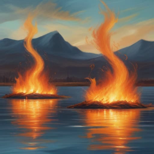 Fire physically on the water with land and sky behind in Oil painting style