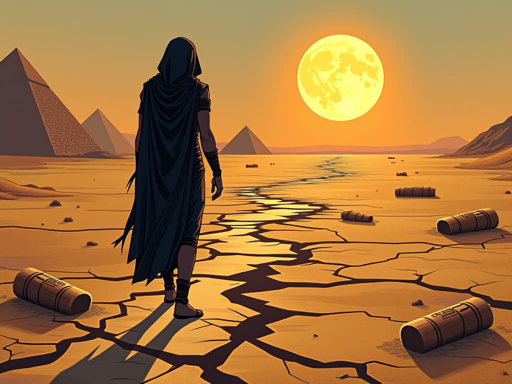  cracked desert floor stretching into the horizon, littered with ancient relics, symbolizing uncertainty across the economic landscape. the style is digital art illustration / modern comic book / mysterious occult, symbolic, esoteric vibe,high detail on character design, incorporating ancient egyptian symbology and attire.