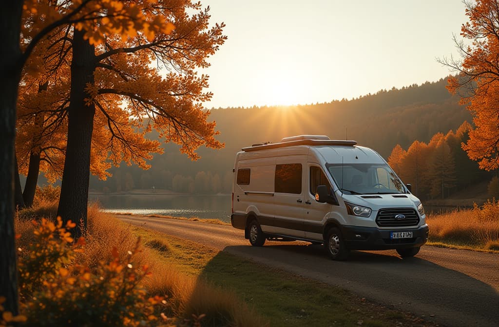  professional detailed photography, autumn rv camping modern camper van during late sunny fall afternoon scenic rv park ar 3:2, (muted colors, dim colors, soothing tones), (vsco:0.3)