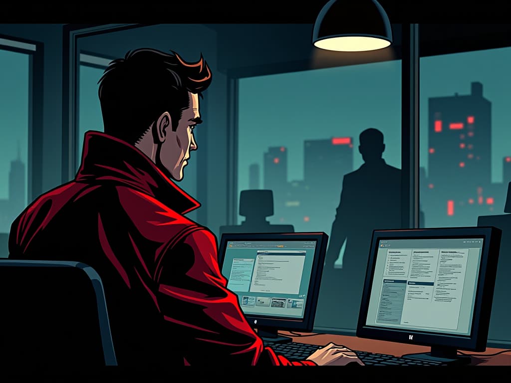  colleague in red jacket, facing concerned manager, modern office, monitor screens in background, air of scrutiny. the style is digital art illustration / modern comic book / graphic dark novel fantasy and mysterious occult, symbolic, moody lighting, esoteric vibe,high detail on character design. for the color scheme emphasize blacks and reds.