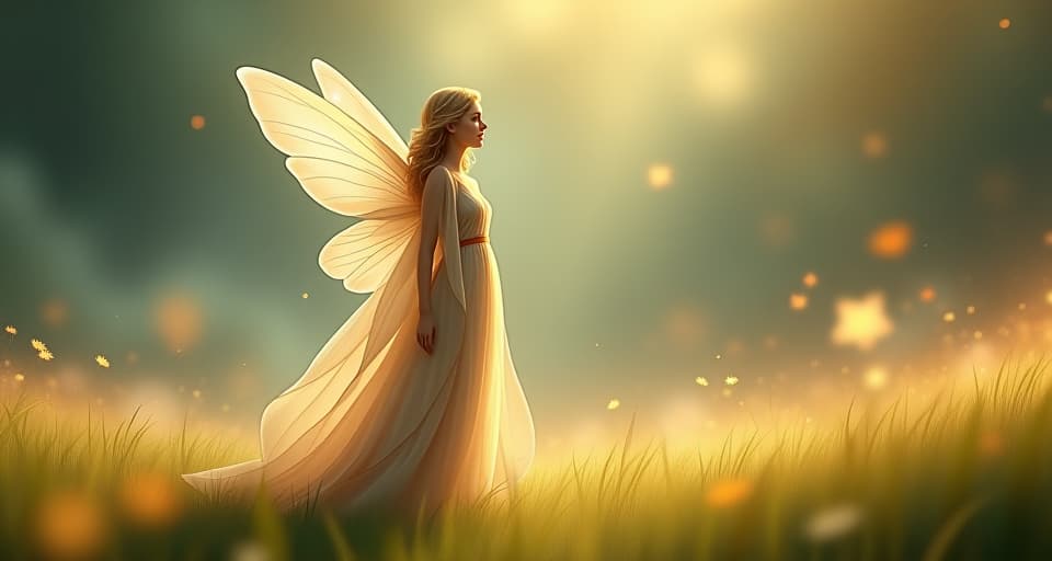  serene fairy in translucent robes, standing on the edge of a glowing, peaceful meadow; the atmosphere filled with gentle lights and soft breezes, her expression reflecting profound stillness.. the style is digital art illustration,highly detailed, whimsical,magical, dreamlike atmosphere, realism and fantasy blend, smooth, glossy textures,luminous quality, wonder and enchantment.