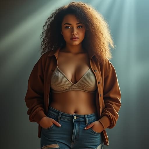  a casual, female, adult, curvy body, curly hair hyperrealistic, full body, detailed clothing, highly detailed, cinematic lighting, stunningly beautiful, intricate, sharp focus, f/1. 8, 85mm, (centered image composition), (professionally color graded), ((bright soft diffused light)), volumetric fog, trending on instagram, trending on tumblr, HDR 4K, 8K