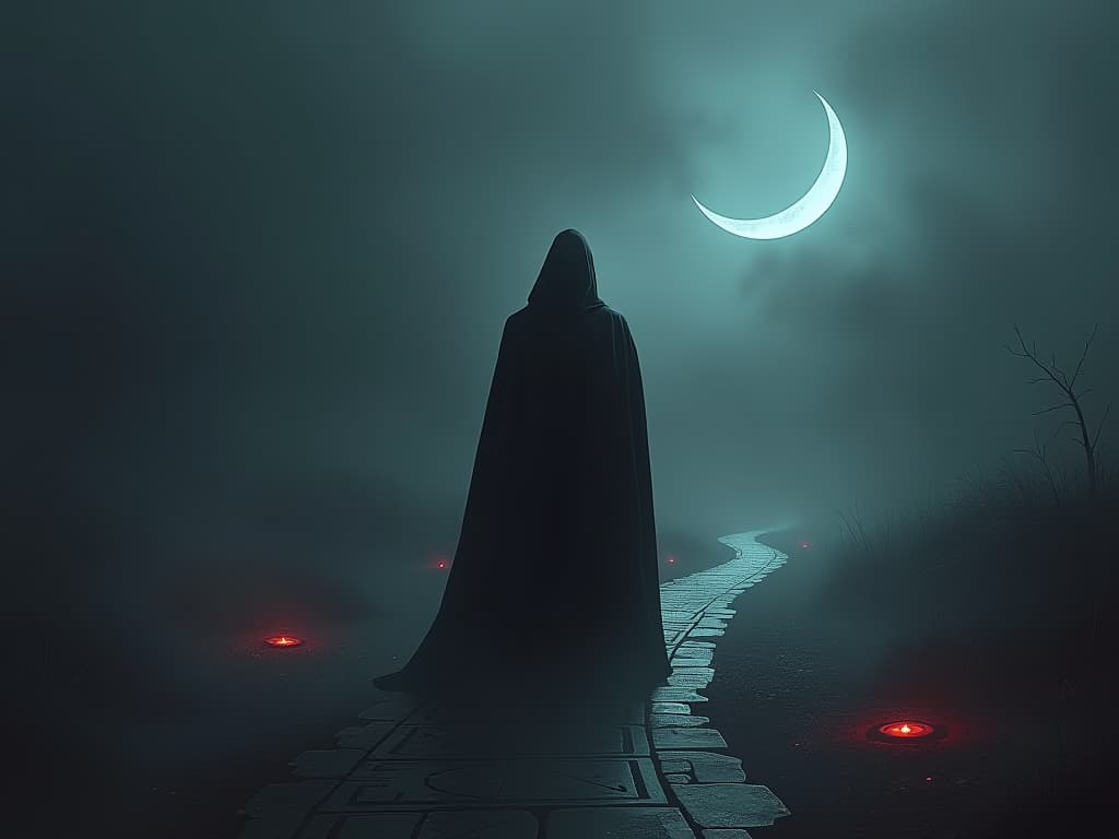  a somber figure, shrouded in a heavy cloak, stands at a crossroad under a crescent moon, the path ahead lost in an eerie mist, ancient runes etched into the ground, whispering forgotten wisdom.. the style is dark fantasy and mysterious occult, symbolic, moody lighting, esoteric vibe,high detail on character design. for the color scheme emphasize blacks and reds.