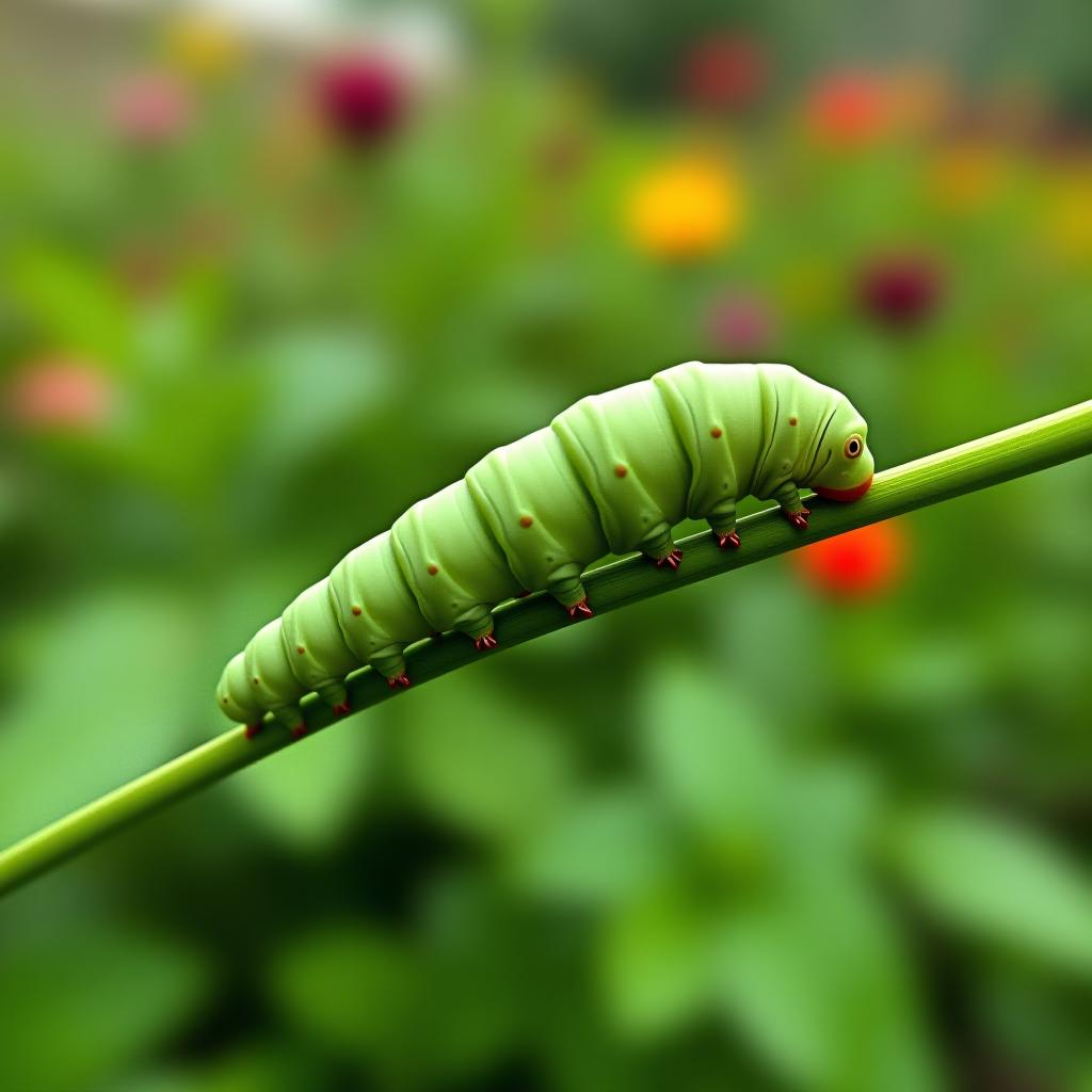  vibrant green caterpillar crawling along a lush plant stem in a beautiful garden