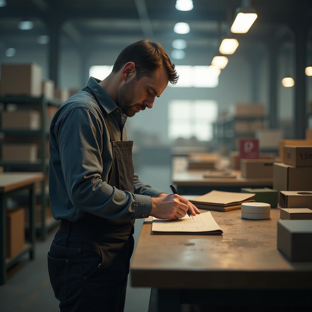  a man works at a furniture factory. hyperrealistic, full body, detailed clothing, highly detailed, cinematic lighting, stunningly beautiful, intricate, sharp focus, f/1. 8, 85mm, (centered image composition), (professionally color graded), ((bright soft diffused light)), volumetric fog, trending on instagram, trending on tumblr, HDR 4K, 8K