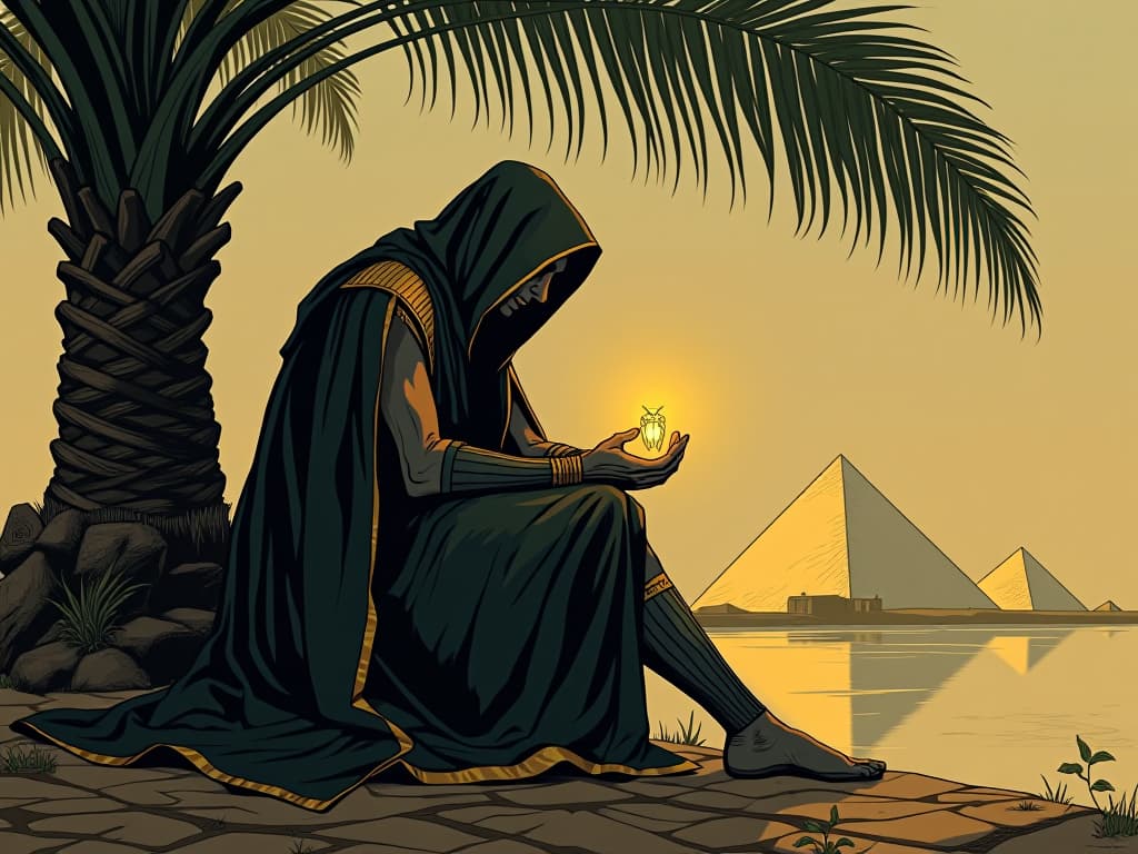  a solitary figure in tattered royal egyptian robes, sitting under a palm tree by the nile, head bowed, with the golden scarab amulet glowing faintly in their hand, symbolizing the weight of solitude. the style is digital art illustration / modern comic book / mysterious occult, symbolic, esoteric vibe,high detail on character design, incorporating ancient egyptian symbology and attire.