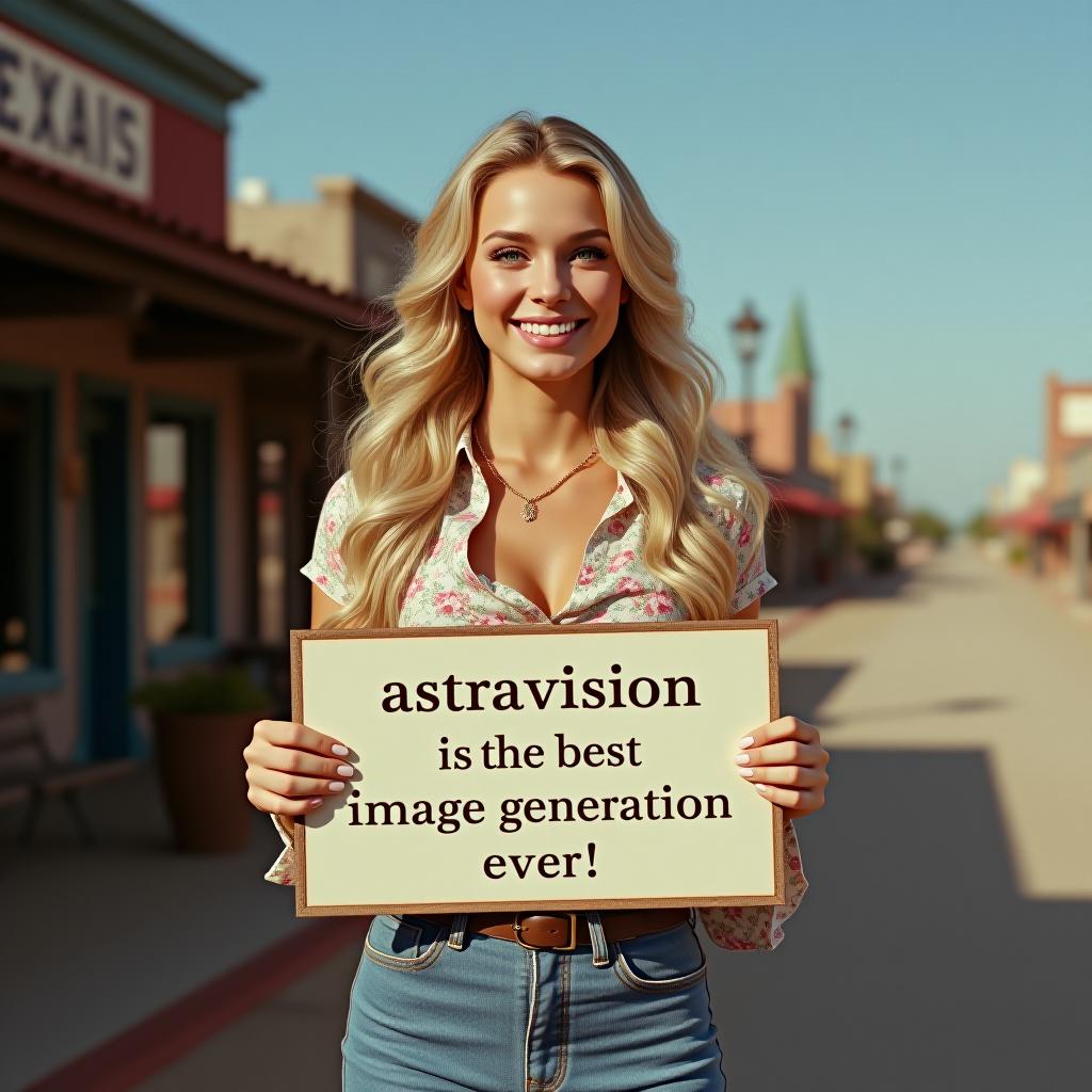  a stunning 30 woman with long, flowing blonde hair, styled in soft waves typical of the 1970s, standing confidently in the heart of texas. she wears a clic 1970s outfit, a vintage floral paired with high waisted bell bottom jeans. her radiant smile exudes charm and grace as she holds a sign that reads, 'astravision is the best image generation ever!' the scene captures the warm, nostalgic atmosphere of the 1970s, with vint colors and a slight sun ed glow. the background hints at a small texas town, with rustic buildings and a clear blue sky