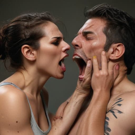 For this photo-realistic art piece, I have chosen to depict a man engaged in an intense and violent confrontation with a woman. The man is shown slapping the woman across the face, his hand raised high and captured in mid-swing. His face is contorted in rage as he screams at the woman, who is cowering in fear. The man is depicted as a muscular and intimidating figure, with a rugged and unkempt appearance. He is wearing a torn and dirty t-shirt, as well as several tattoos on his arms. His expression is filled with anger and aggression, with his eyes narrowed and his mouth twisted into a snarl. The woman, on the other hand, is shown as a fragile and vulnerable figure. She is completely nude, emphasizing her vulnerability and lack of protect