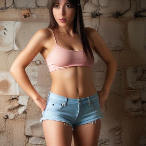 Woman in hot pants with Old Wall background