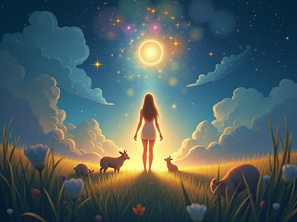  a radiant figure standing in a glowing meadow, surrounded by ethereal creatures, gazing at the stars, representing the soul's journey and destined brilliance, serene and contemplative.. the style is digital art illustration,highly detailed, whimsical,magical, dreamlike atmosphere, realism and fantasy blend, smooth, glossy textures,luminous quality, wonder and enchantment.