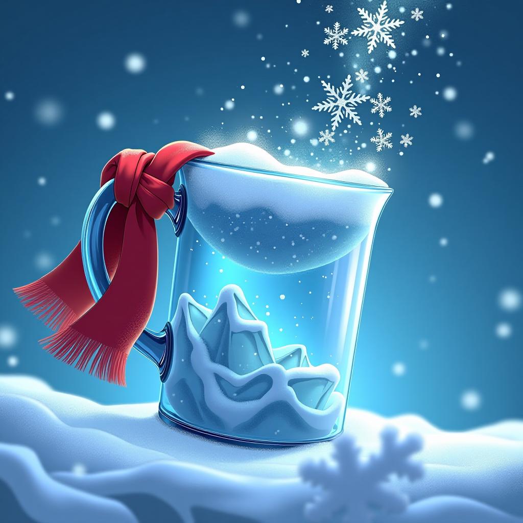  a fantasy style tilted glass mug featuring winter theme with snow in it. all the contents of the glass are pouring like water. details. colorful with brilliant blue background. suspended in space. sparkling and beautiful snowflakes like a wreath. a red scarf is wrapped around the handle of the glass. pieces of ice in glass. cartoon. studio ghibli anime. 1:1 size for profile. firooze hyperrealistic, full body, detailed clothing, highly detailed, cinematic lighting, stunningly beautiful, intricate, sharp focus, f/1. 8, 85mm, (centered image composition), (professionally color graded), ((bright soft diffused light)), volumetric fog, trending on instagram, trending on tumblr, HDR 4K, 8K