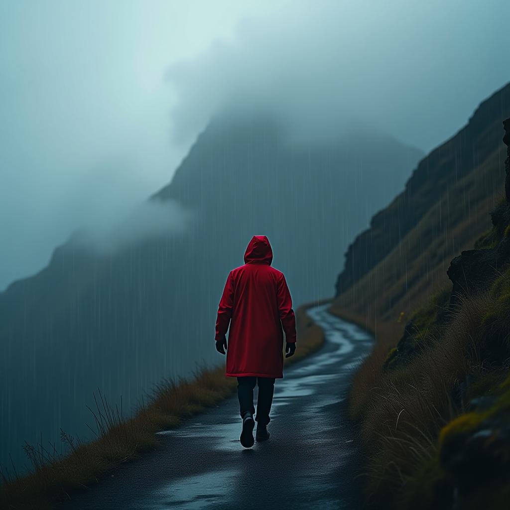  black sauce in a red coat heading up to a steep mountain under heavy rain and fog hyperrealistic, full body, detailed clothing, highly detailed, cinematic lighting, stunningly beautiful, intricate, sharp focus, f/1. 8, 85mm, (centered image composition), (professionally color graded), ((bright soft diffused light)), volumetric fog, trending on instagram, trending on tumblr, HDR 4K, 8K