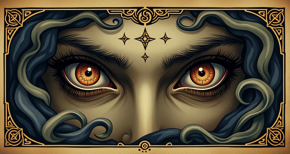  a pair of piercing eyes gazing intently, surrounded by swirling symbols, sharp, keen perception, illuminated spirit. an illustration in the style of a worn, mystical old tarot trump card, mysterious and elements of surrealism. the colors are muted, somber and eerie, but with contrast bring out an occult and esoteric vibe.