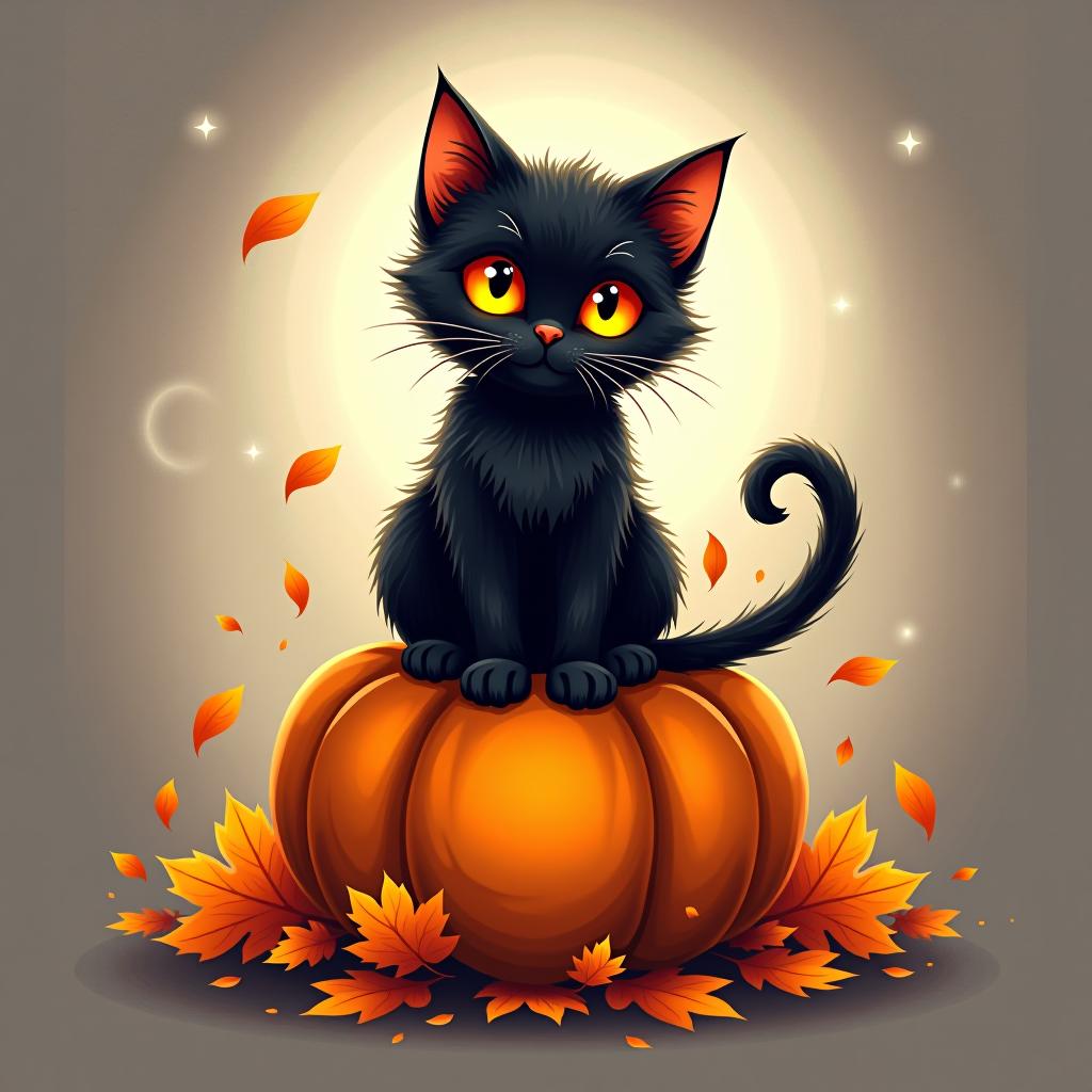  a cute black cat with glowing eyes sitting on a pumpkin, surrounded by swirling autumn leaves in a whimsical style, with warm, moody lighting. t shirt design, vector, contour, white background, no mockup hyperrealistic, full body, detailed clothing, highly detailed, cinematic lighting, stunningly beautiful, intricate, sharp focus, f/1. 8, 85mm, (centered image composition), (professionally color graded), ((bright soft diffused light)), volumetric fog, trending on instagram, trending on tumblr, HDR 4K, 8K