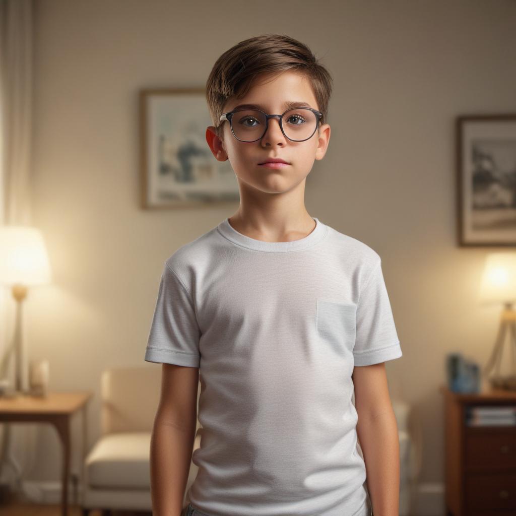 ((masterpiece)),(((best quality))), 8k, high detailed, ultra detailed, A cute 10 year old boy wearing only Tighty Whities, room, circle glasses, only wearing a shirt hyperrealistic, full body, detailed clothing, highly detailed, cinematic lighting, stunningly beautiful, intricate, sharp focus, f/1. 8, 85mm, (centered image composition), (professionally color graded), ((bright soft diffused light)), volumetric fog, trending on instagram, trending on tumblr, HDR 4K, 8K