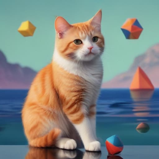 A funny cat juggling vibrant, geometric shapes. in Mythological style with Oceans background