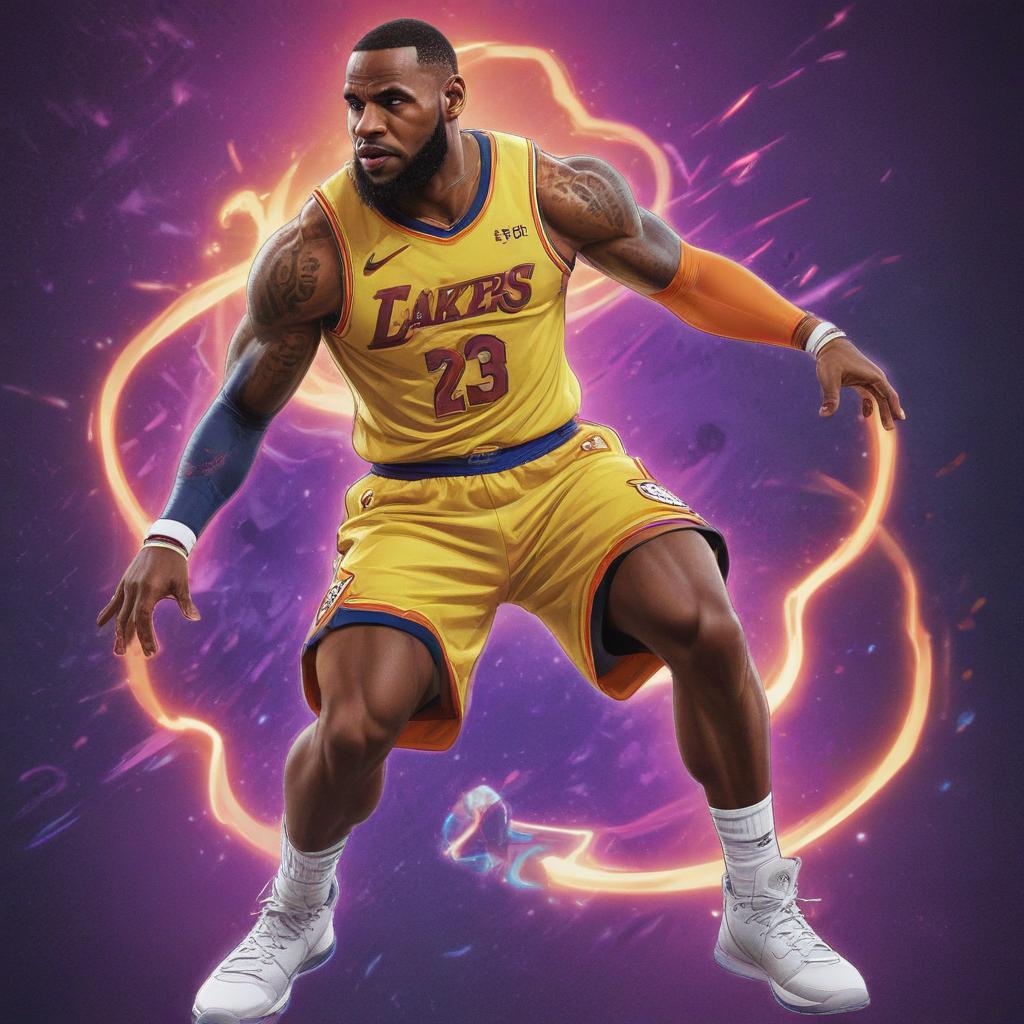 distance-shot, flashy, full-body, dynamic, holographic, animated cartoon poster of lebron james in the style of dragon ball super