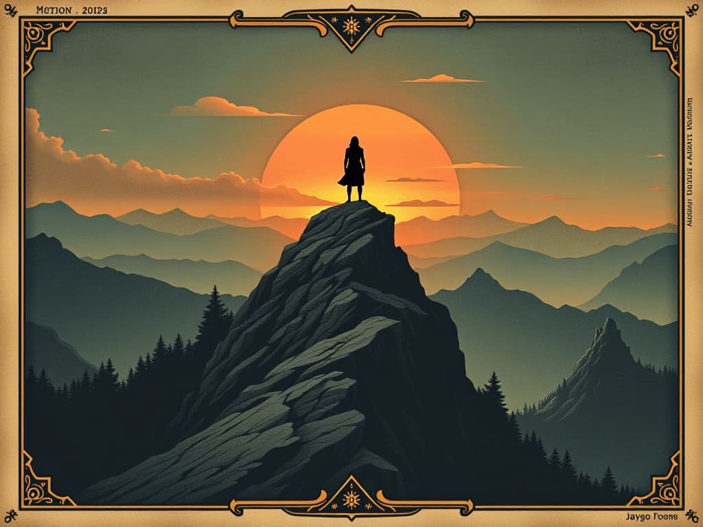  figure standing atop a mountain peak, sunrise breaking the horizon, vast landscape below, feeling of achievement and infinite potential. an illustration in the style of a worn, mystical old tarot trump card, mysterious and elements of surrealism. the colors are muted, somber and eerie, but with contrast bring out an occult and esoteric vibe.