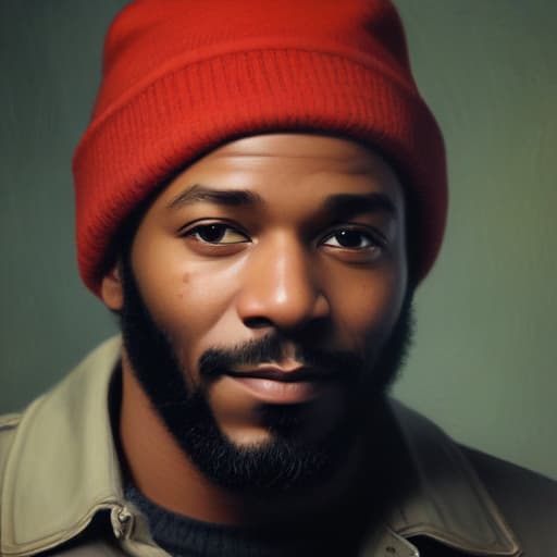 Marvin Gaye with a red beanie on in the studio in Oil painting style