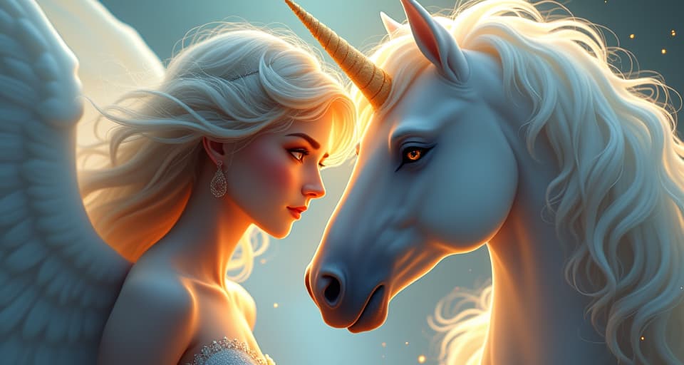  a close up image of an ethereal angel and a majestic unicorn, their eyes burning brightly with inner fire. the angel's translucent wings and the unicorn's shimmering mane catch the light as they share a determined gaze, surrounded by swirling luminescent particles.. the style is digital art illustration,highly detailed, whimsical,magical, dreamlike atmosphere, realism and fantasy blend, smooth, glossy textures,luminous quality, wonder and enchantment.