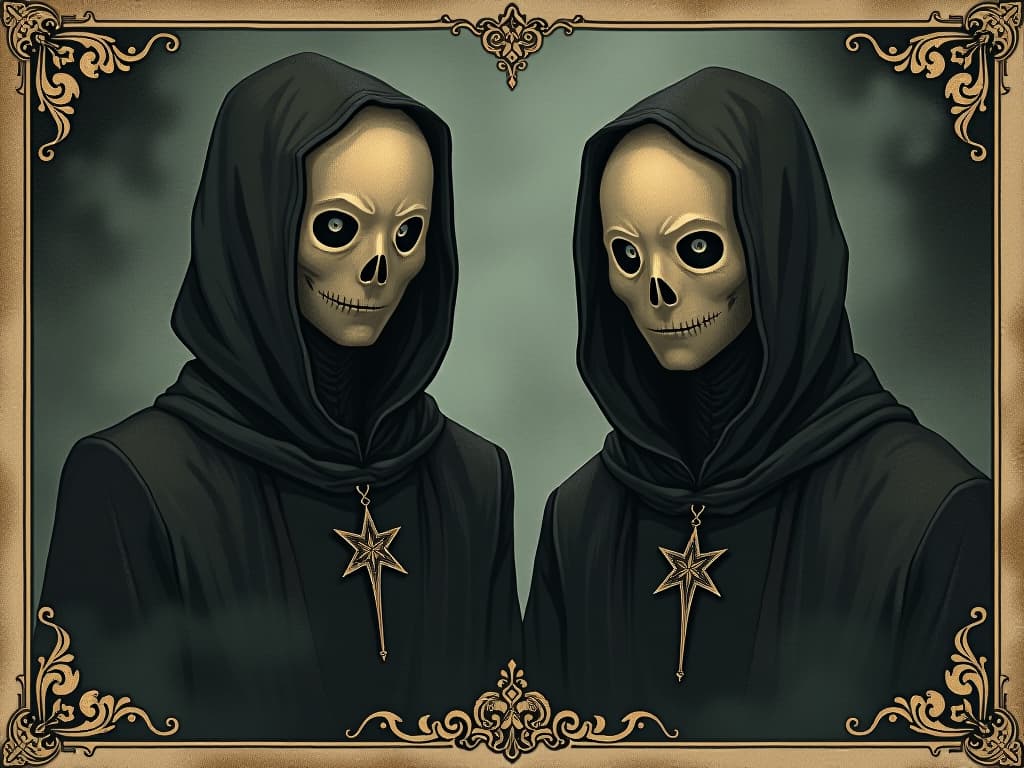  figures with mirror masks reflecting emptiness, dark attire, misty, dark background, subtle menace and concealment. an illustration in the style of a worn, mystical old tarot trump card, mysterious and elements of surrealism. the colors are muted, somber and eerie, but with contrast bring out an occult and esoteric vibe.