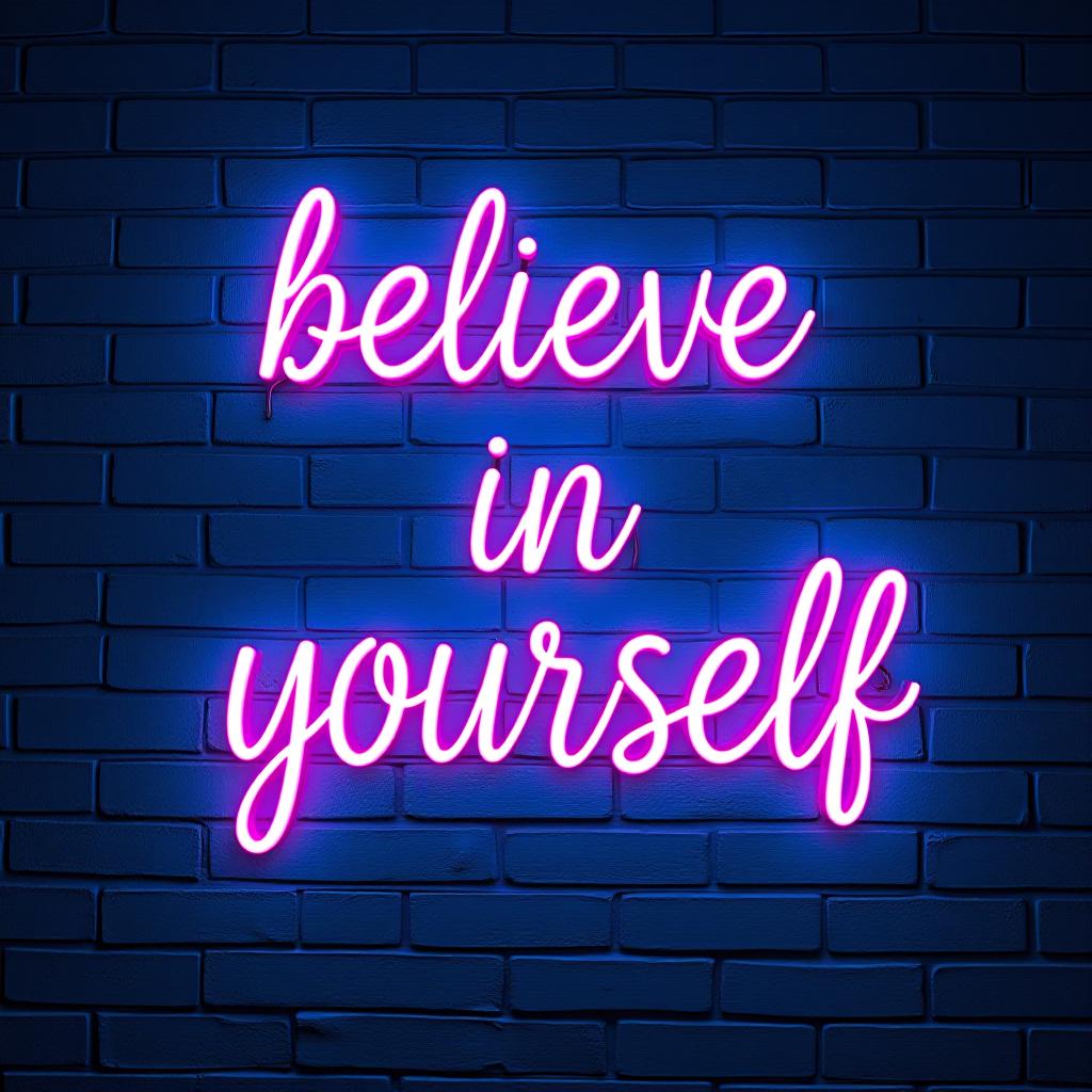  empowering neon message on brick wall. 'believe in yourself' neon sign offers inspiration against a textured blue backdrop