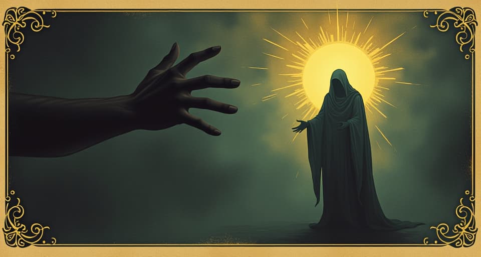  shadowy hand striking at a radiant figure's spirit, calculated, direct, sinister. an illustration in the style of a worn, mystical old tarot trump card, mysterious and elements of surrealism. the colors are muted, somber and eerie, but with contrast bring out an occult and esoteric vibe.