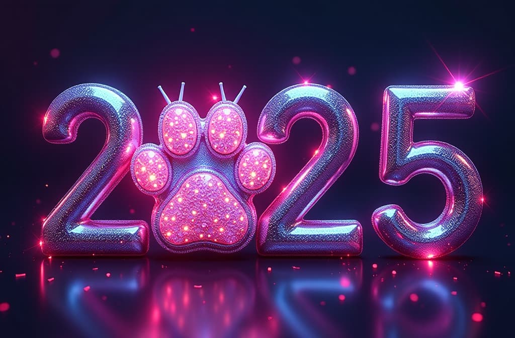  the number "2025" written in a glamorous, high gloss font with the "0" replaced by a sparkling, jeweled cat paw. the paw has a shiny metallic finish, with soft fur and cute, glittering claws. neon lights and holographic elements surround the numbers, adding a touch of neofuturism, while colorful, playful patterns in the background evoke the fun and kitschy vibe. {prompt}, maximum details