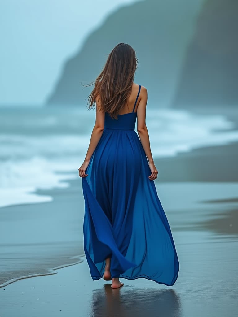  a woman in a blue dress is walking along the shore. hyperrealistic, full body, detailed clothing, highly detailed, cinematic lighting, stunningly beautiful, intricate, sharp focus, f/1. 8, 85mm, (centered image composition), (professionally color graded), ((bright soft diffused light)), volumetric fog, trending on instagram, trending on tumblr, HDR 4K, 8K