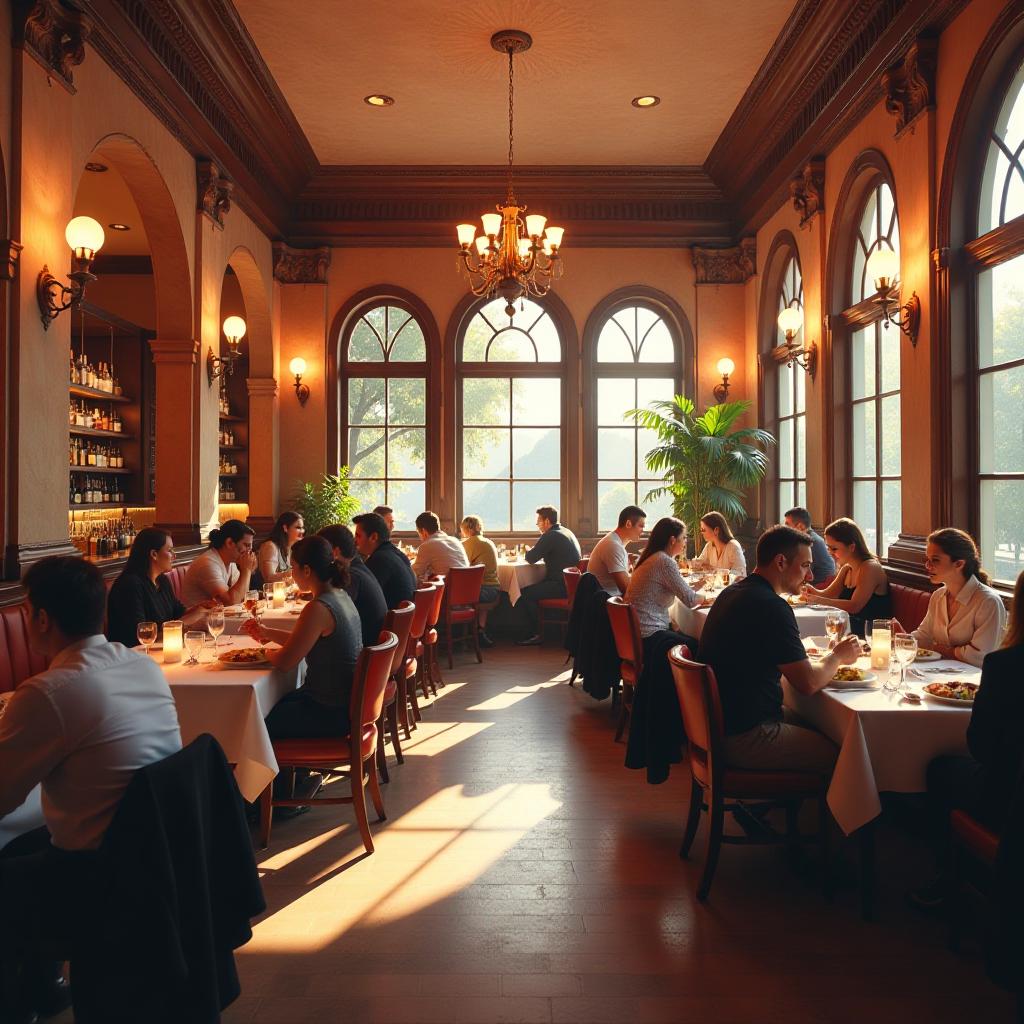  create a clickable youtube cover depicting a large, beautiful restaurant where lots of people enjoy their lunch. the interior should be elegant and cozy, with bright colors and an atmosphere of friendliness. show the variety of visitors who socialize and enjoy the food to convey the atmosphere of good times and cordiality. avoid text elements in the picture.