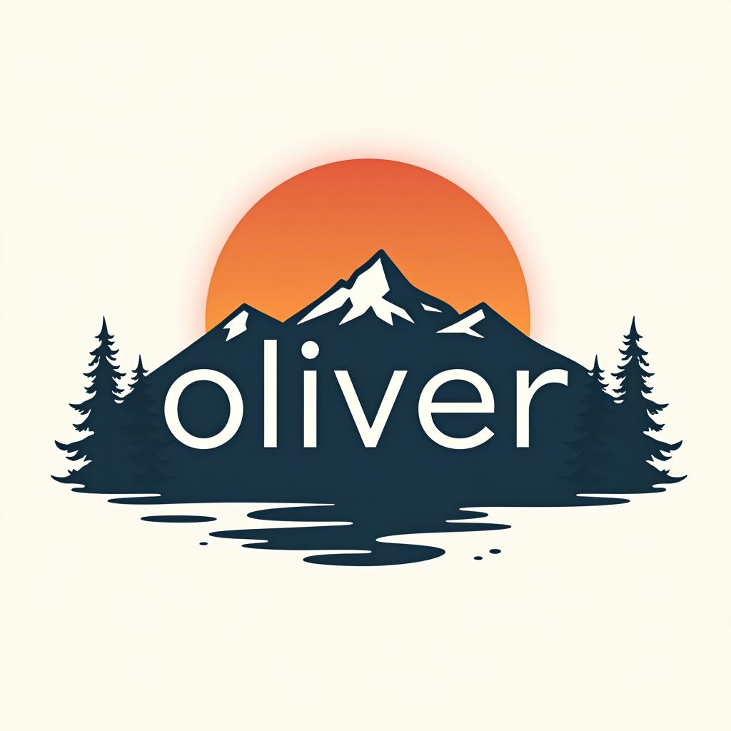  design a logo, custom sticker design on an isolated white background with the bold words ‘oliver’ with a backdrop of a mountain range, and silhouettes of pine trees at sunset