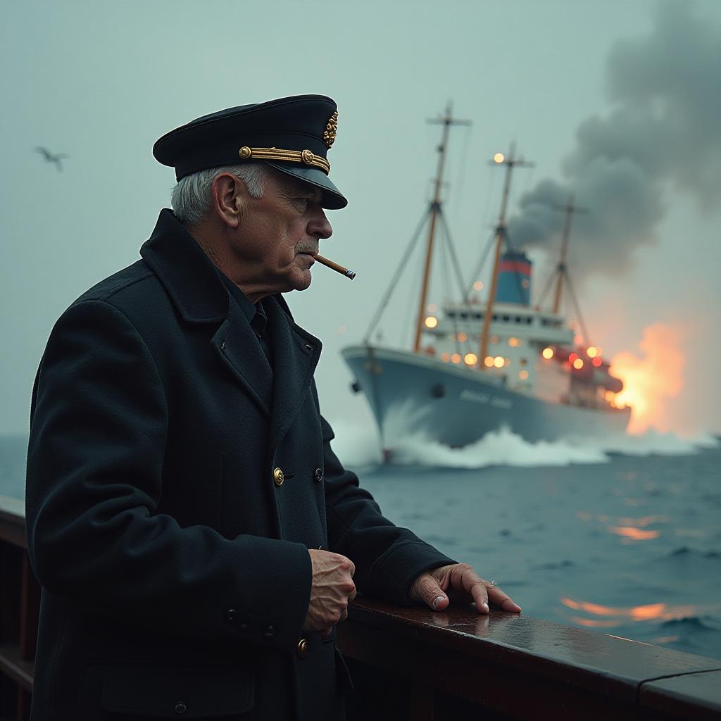  a large ship crashes into the city of chișinău, and on the ship, there is a fearless captain with a cigarette in his teeth and vodka in hand. hyperrealistic, full body, detailed clothing, highly detailed, cinematic lighting, stunningly beautiful, intricate, sharp focus, f/1. 8, 85mm, (centered image composition), (professionally color graded), ((bright soft diffused light)), volumetric fog, trending on instagram, trending on tumblr, HDR 4K, 8K