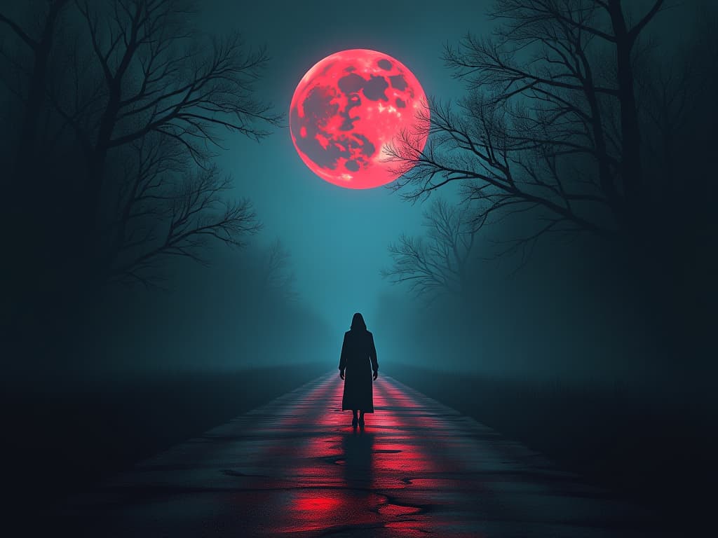  a spectral highway under moonlight, eerie fog, leading into the dark unknown, ethereal glow, unsettling calm. the style is dark fantasy and mysterious occult, symbolic, moody lighting, esoteric vibe,high detail on character design. for the color scheme emphasize blacks and reds.