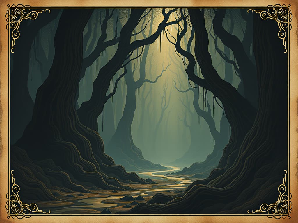  dark tendrils threading through space, invisible yet felt, atmosphere of unease, creeping shadow. an illustration in the style of a worn, mystical old tarot trump card, mysterious and elements of surrealism. the colors are muted, somber and eerie, but with contrast bring out an occult and esoteric vibe.