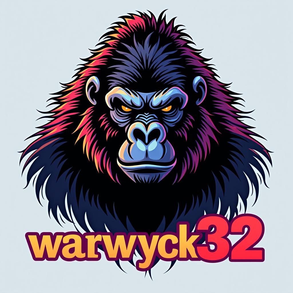  design a logo, in a realism style. electronic gorilla, with the text 'warwyck 32'.