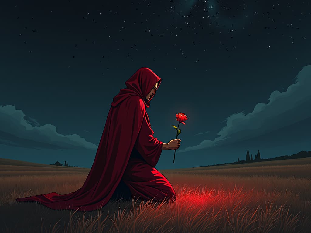  individual in red robes, kneeling and offering a flower, open field under a starlit sky, sense of reconciliation. the style is digital art illustration / modern comic book / graphic dark novel fantasy and mysterious occult, symbolic, moody lighting, esoteric vibe,high detail on character design. for the color scheme emphasize blacks and reds.