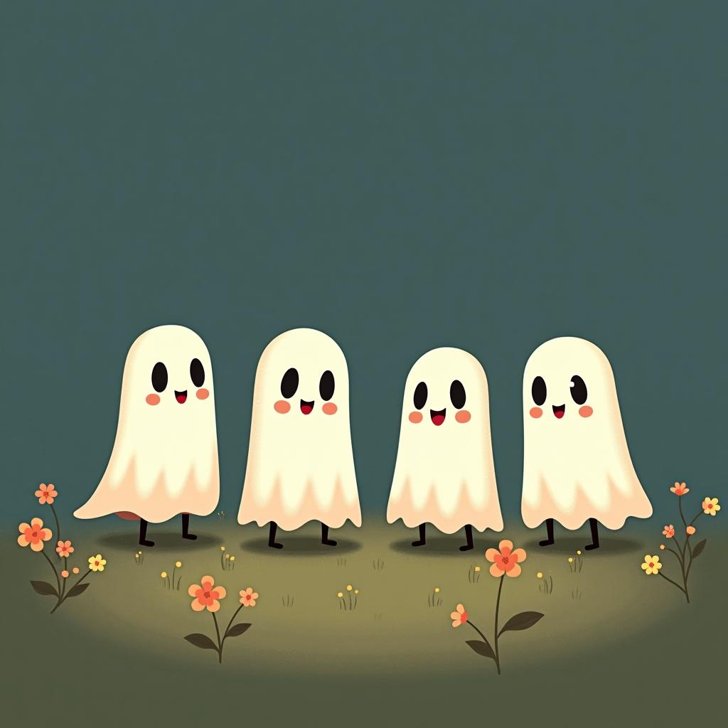  create a digital illustration featuring a row of four or five cute, cartoonish ghost characters, each with a different appearance, standing in different positions within sparse, life like wildflowers.