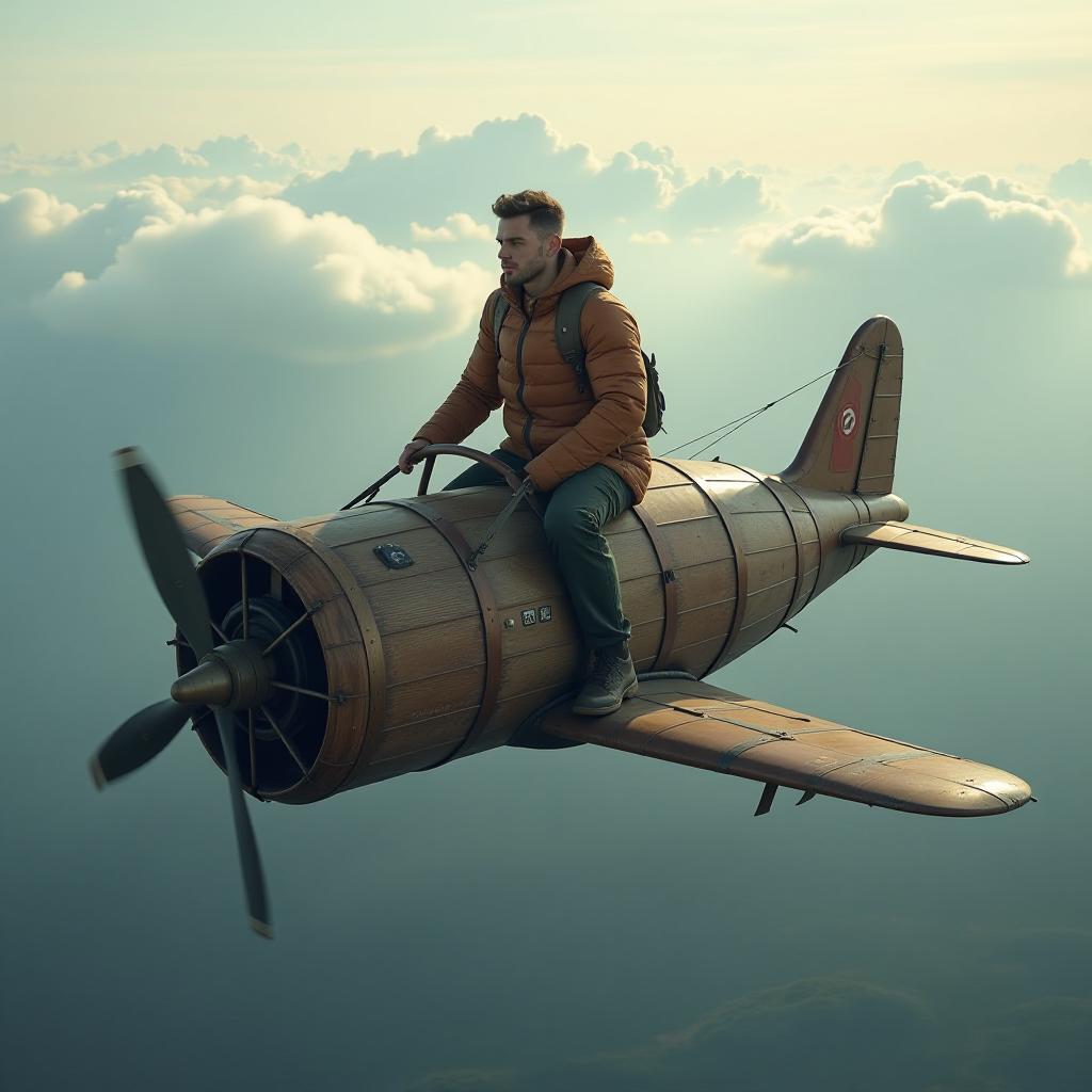  vladimir zelensky is flying on a barrel airplane to moscow. hyperrealistic, full body, detailed clothing, highly detailed, cinematic lighting, stunningly beautiful, intricate, sharp focus, f/1. 8, 85mm, (centered image composition), (professionally color graded), ((bright soft diffused light)), volumetric fog, trending on instagram, trending on tumblr, HDR 4K, 8K