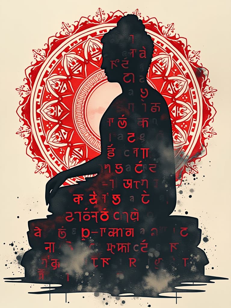  layer 1 (image type): calligram, alcohol ink lettering, ink splashes, crimson and black ink mix. layer 2 (object): abstract sanskrit inscriptions form a silhouette of a sacred buddha statue, text and image are mixed in one picture, the letters repeat the boundaries of the silhouette. layer 3 (background and texture): double exposure, the inscriptions and image are mixed with a detailed magical mandala, making up a single image, thin lines of the mandala pierce the sanskrit inscriptions. layer 4 (lighting and effects): mixing light and textures creates an effect of unreality, reflects the letters inscribed in the silhouette, chiaroscuro. layer 5 (composition and quality): mixing sanskrit letters and a female silhouette, a balanced compositio hyperrealistic, full body, detailed clothing, highly detailed, cinematic lighting, stunningly beautiful, intricate, sharp focus, f/1. 8, 85mm, (centered image composition), (professionally color graded), ((bright soft diffused light)), volumetric fog, trending on instagram, trending on tumblr, HDR 4K, 8K