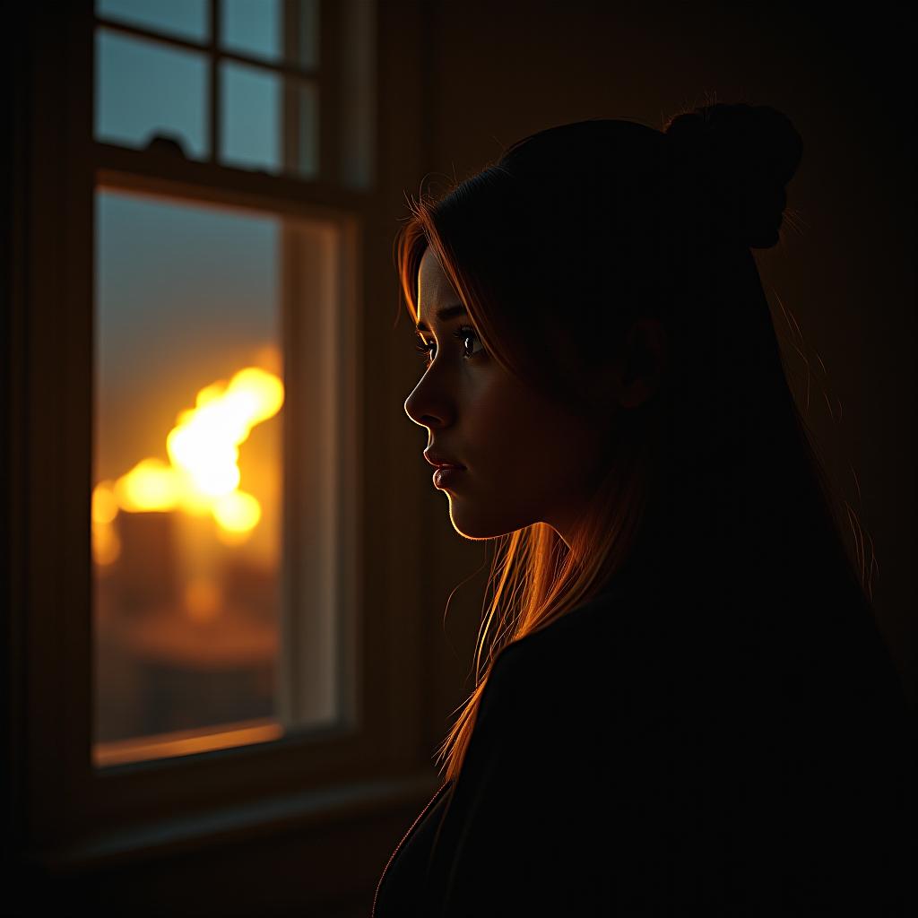  a young woman late at night, she stands by her bedroom window, her face illuminated by the bright light of a fire outside, she looks frightened as she gazes out the window, a masterpiece, cinematography, film, photorealism