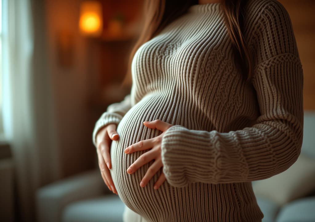  woman in cozy knit outfit cradling her stomach in a warm, serene indoor setting, high quality, high details, hd, perfect composition, 4k epic detailed, highly detailed, sharp focus, high resolution