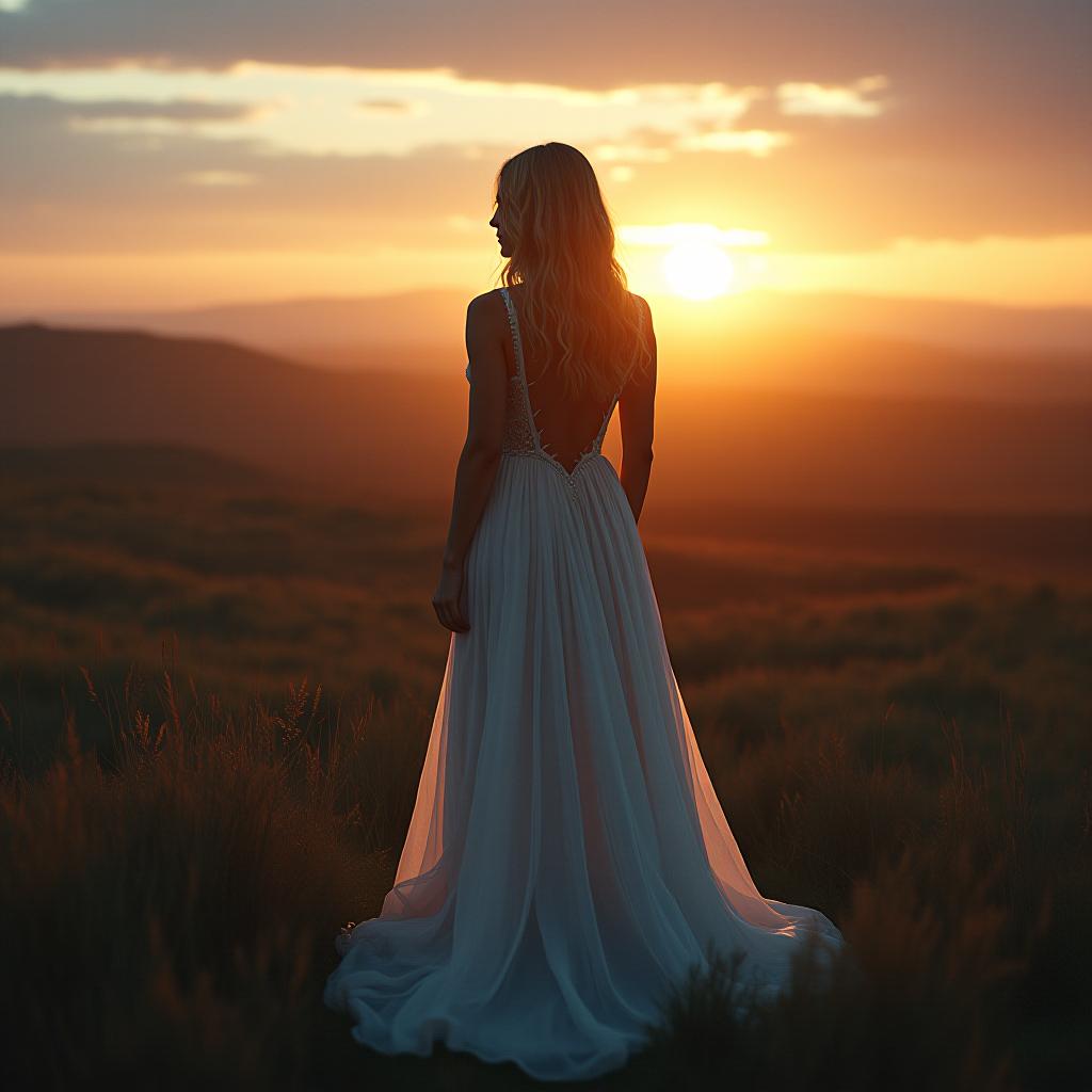  "a blonde girl is standing against the sunset in a long dress, facing away from the camera." hyperrealistic, full body, detailed clothing, highly detailed, cinematic lighting, stunningly beautiful, intricate, sharp focus, f/1. 8, 85mm, (centered image composition), (professionally color graded), ((bright soft diffused light)), volumetric fog, trending on instagram, trending on tumblr, HDR 4K, 8K