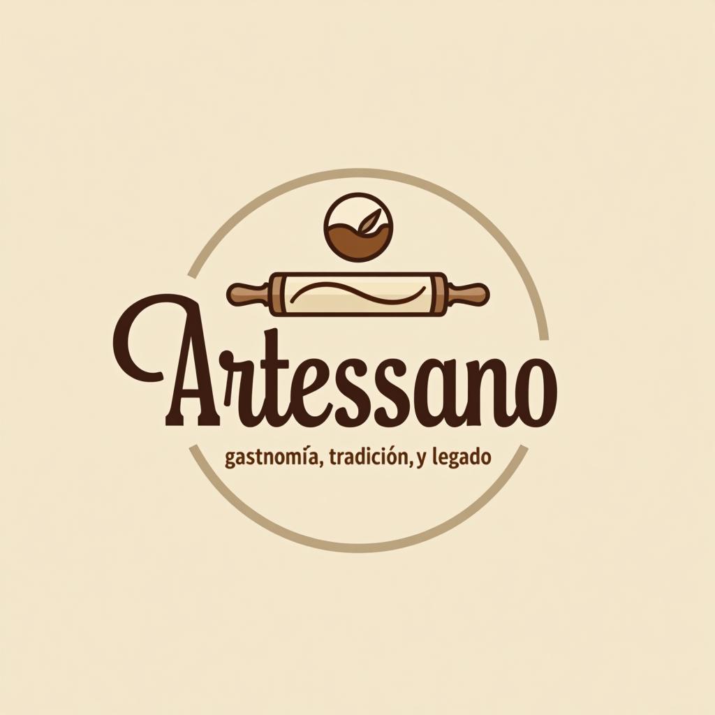  design a logo, marca “artessano” agregar elemento de repostería como rolling pin colores claros tonos cafés minimalista, simple y elegante, with the text 'gastronomía, tradición y legado'.