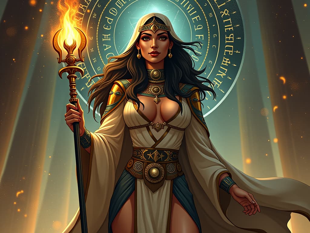  a regal woman holding a glowing staff, surrounded by cosmic runes, large busted and in regal, tight robes, with an authoritative presence, aura of cosmic linguist. the style is digital art illustration / modern comic book / mysterious occult, symbolic, esoteric vibe,high detail on character design, incorporating ancient egyptian symbology and attire.