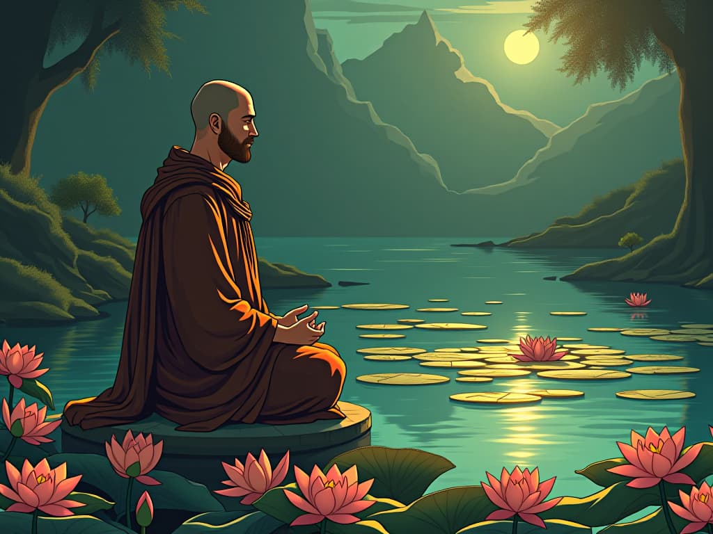  focused monk in simple robes, meditating beside serene lotus pond, surroundings lush with positivity and mindfulness. the style is digital art illustration / modern comic book / mysterious occult, symbolic, esoteric vibe,high detail on character design, incorporating ancient egyptian symbology and attire.