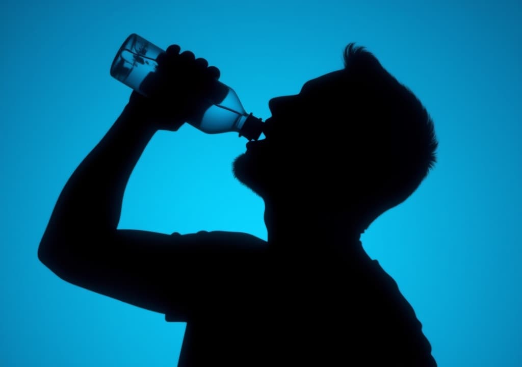  silhouette of man drinking water from a bottle on a blue background, closeup