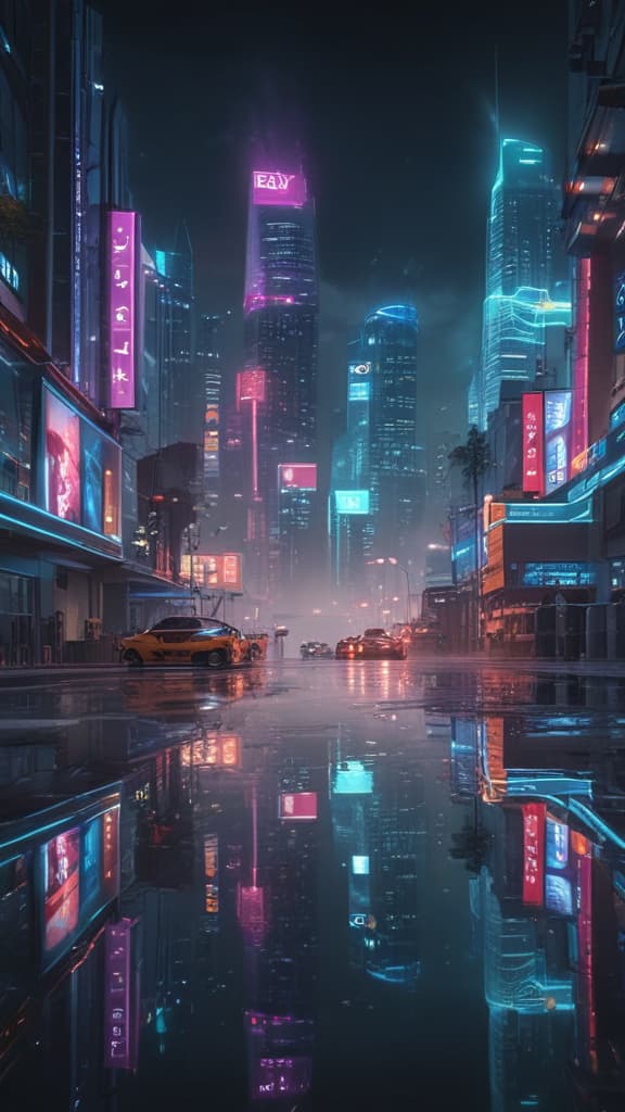 ((masterpiece)),(((best quality))), 8k, high detailed, ultra detailed, a futuristic cityscape at night, neon lights, flying cars, (giant holographic billboards), (reflection of city lights on water) hyperrealistic, full body, detailed clothing, highly detailed, cinematic lighting, stunningly beautiful, intricate, sharp focus, f/1. 8, 85mm, (centered image composition), (professionally color graded), ((bright soft diffused light)), volumetric fog, trending on instagram, trending on tumblr, HDR 4K, 8K