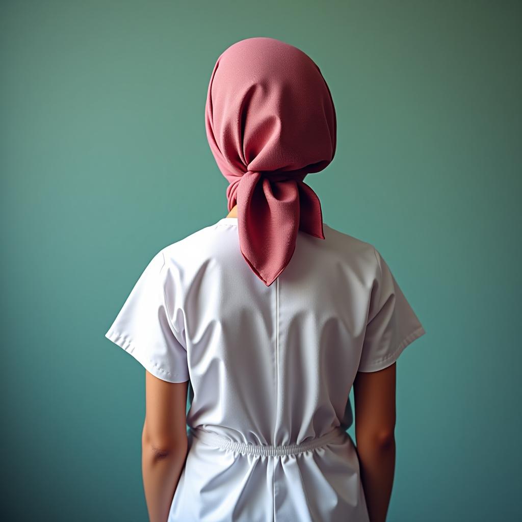  a girl in a headscarf is standing with her back in a medical gown.