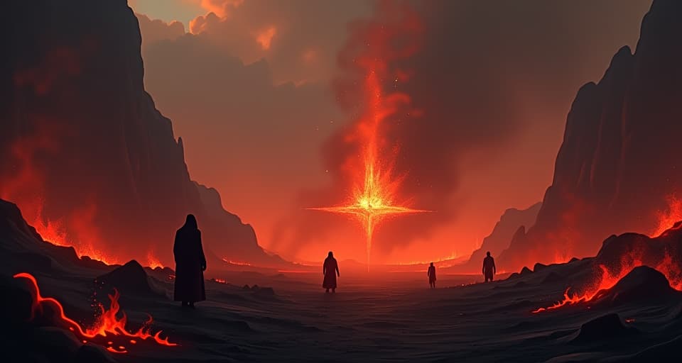  scorched landscape, ethereal embers floating in the air. shadowy, defeated figures scattered, magical flames, atmosphere of enacted retribution.. the style is digital art illustration,highly detailed, whimsical,magical, dreamlike atmosphere, realism and fantasy blend, smooth, glossy textures,luminous quality, wonder and enchantment.